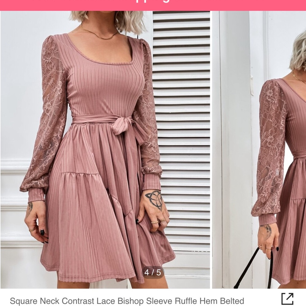 SHEIN Lace Bishop Sleeve Dress in Mauve